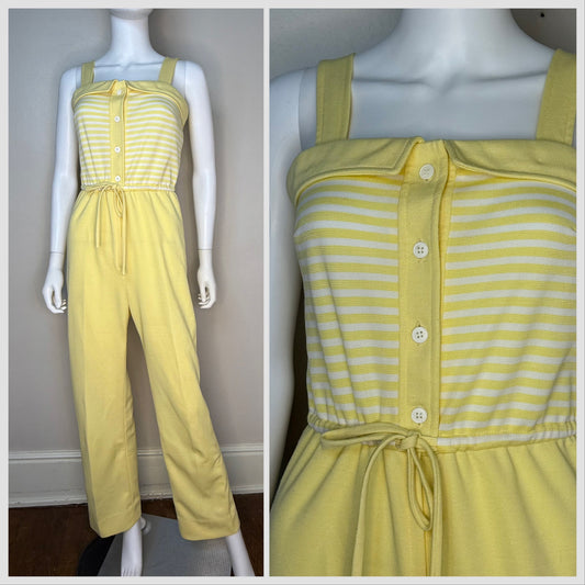 1970s Yellow Stripe Polyester Double Knit Jumpsuit, Melissa Lane Size XS/Small