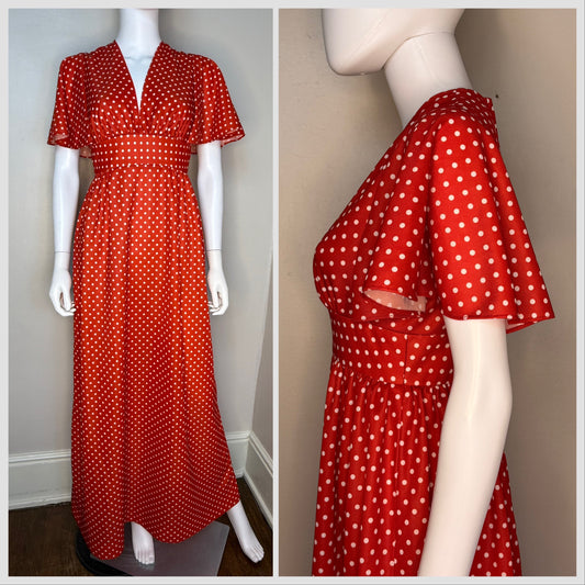 1970s Red and White Polka Dot Maxi Dress, Melissa Lane Size XS