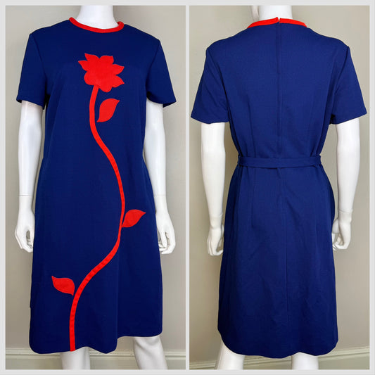 1970s Blue Dress with Red Flower Appliqué, Size Large, Polyester Double Knit