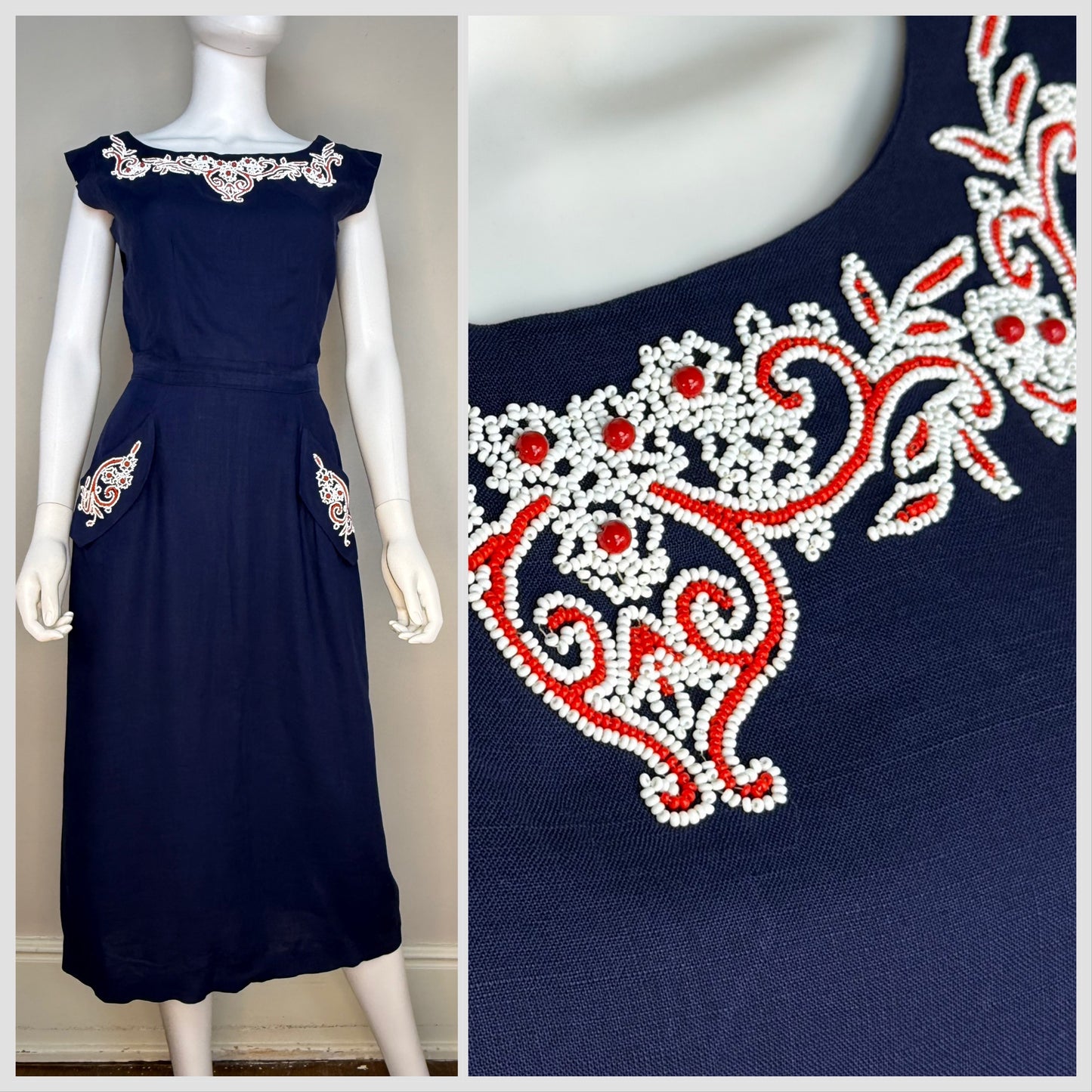 1940s/50s Beaded Navy Blue Top and Skirt Set, Nini Originals Size XS-Small