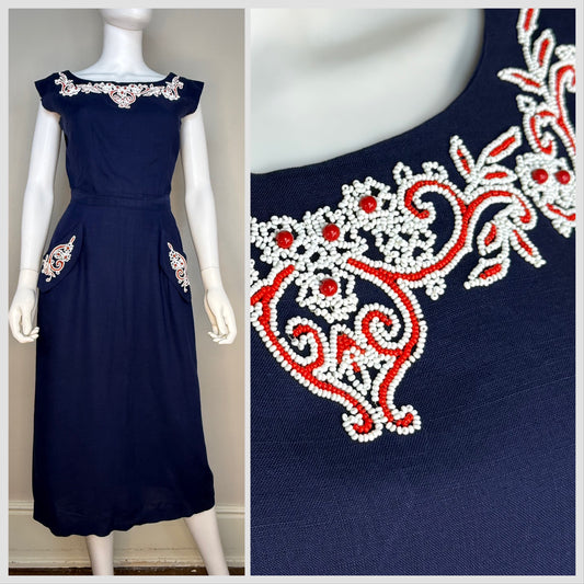 1940s/50s Beaded Navy Blue Top and Skirt Set, Nini Originals Size XS-Small