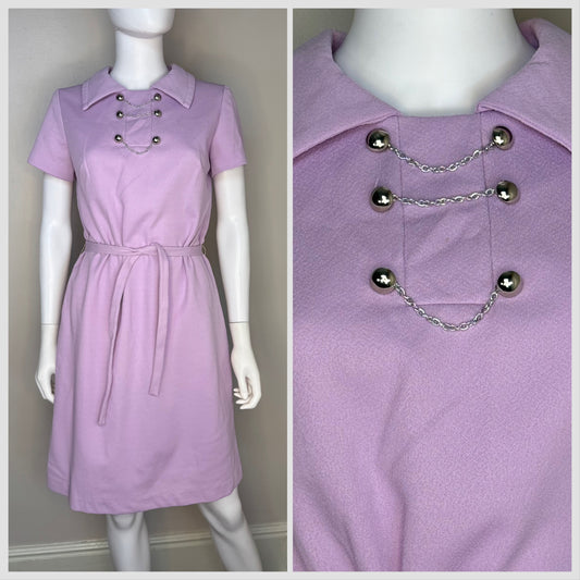 1970s Lavender Mod Dress, Jeanne Size Medium, Double Knit Polyester