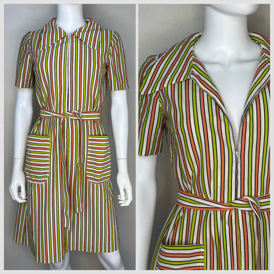 1970s Striped Mod Dress with Large Collar, Handmade, Size S/M, Double Knit Polyester Zip Front
