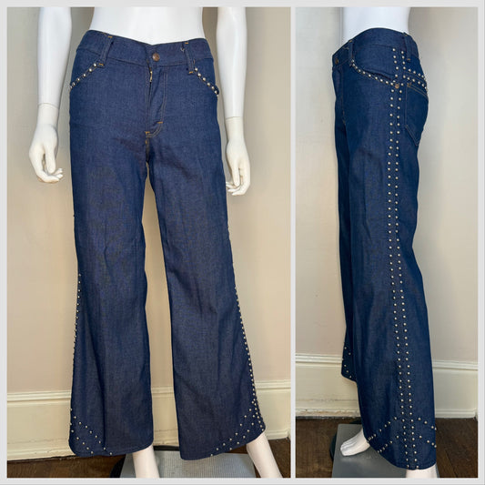 1970s Flare Leg Studded Jeans, The Lemon Frog Shop, Sears, 29x30.5, Low Rise Bellbottom