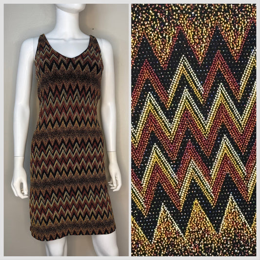 1990s/Y2K Party Dress, Brown and Black Sparkle Missoni Style Zig Zag, Sassy Size Small, Sears