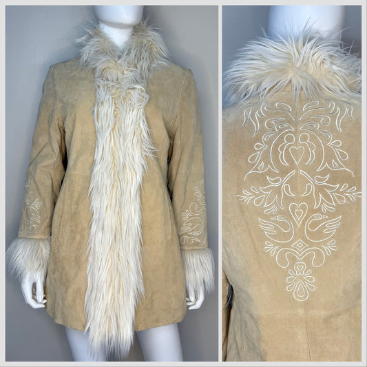1990s/Y2K Leather and Faux Fur Penny Lane Coat, Embroidered, Mix It Size S/M, JCPenney, Deadstock New with Tags