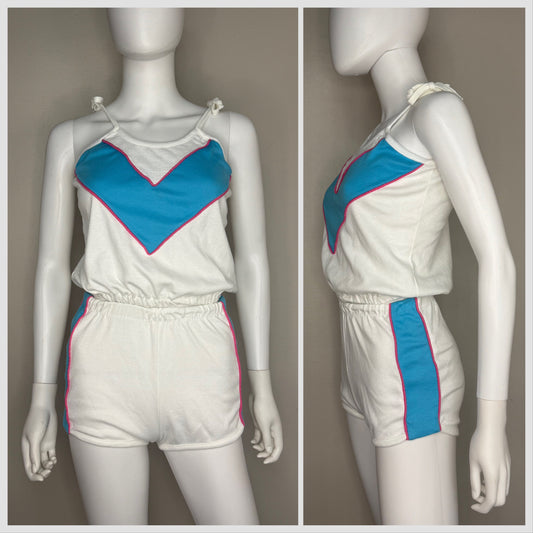1980s White and Aqua Knit Top and Shorts Set, Fashion Square Size XS