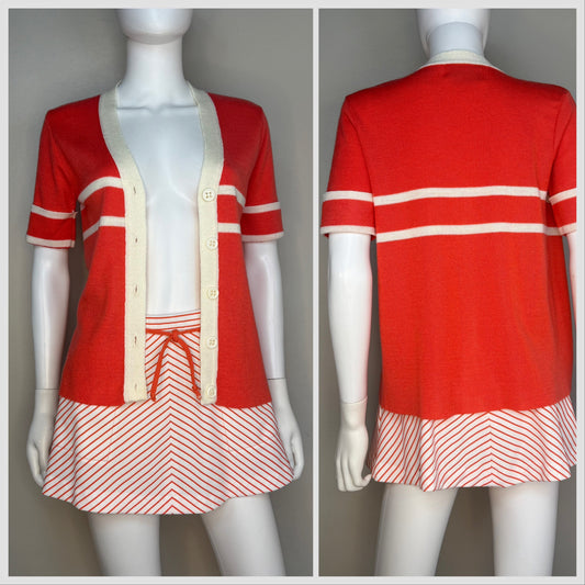 1970s Coral Tennis Skirt and Sweater Set, Stripe Mini Skirt and Short Sleeve Cardigan, Carol Canaan for Top Seed Size Small, Forty Love Tennis Shoppe