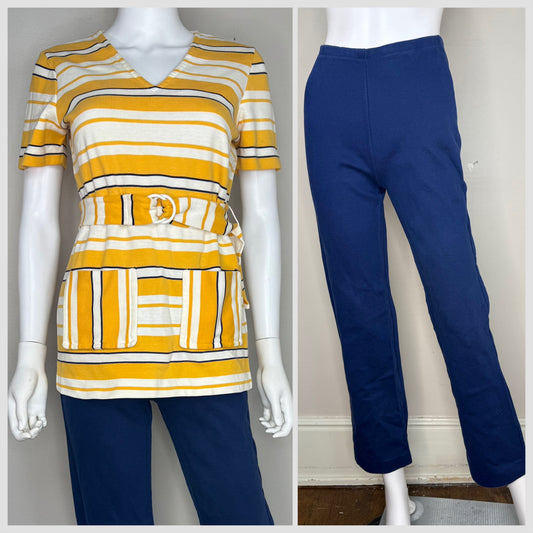 1960s Yellow Striped Tunic and Navy Blue Knit Pants Set, Jantzen Size XS-Small, V Neck Belted T-Shirt