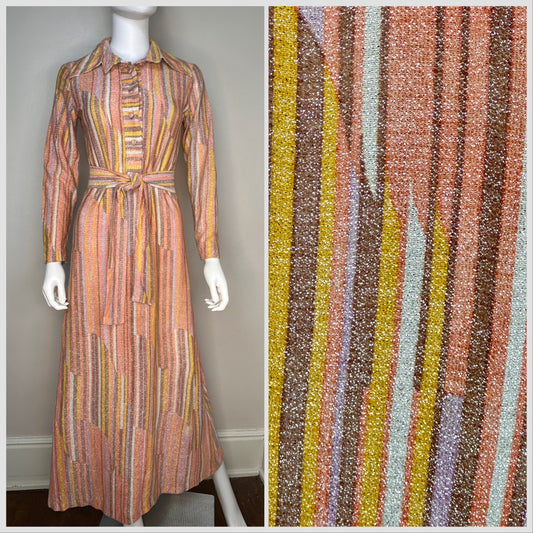 1960s/70s Abstract Pastel Lurex Stripe Maxi Dress, Avalon Classics Size Small