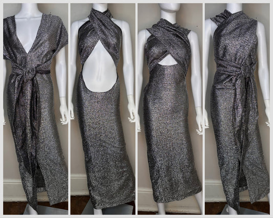 1970s Disco Black and Silver Lurex Convertible Dress Size XXS/XS