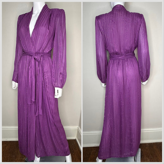 1970s Victor Costa Sheer Purple Faux Wrap Maxi Dress with Metallic Stripes, Plunging Neckline, Size XS/Small