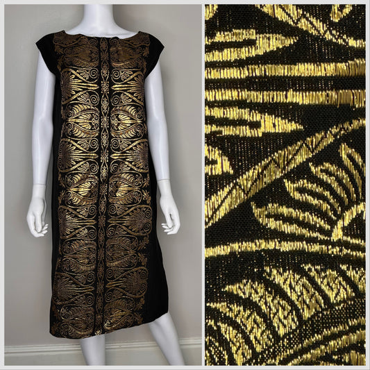 1960s Black and Gold Lurex Sheath Dress, Hand Woven in Greece, Size Medium/Large