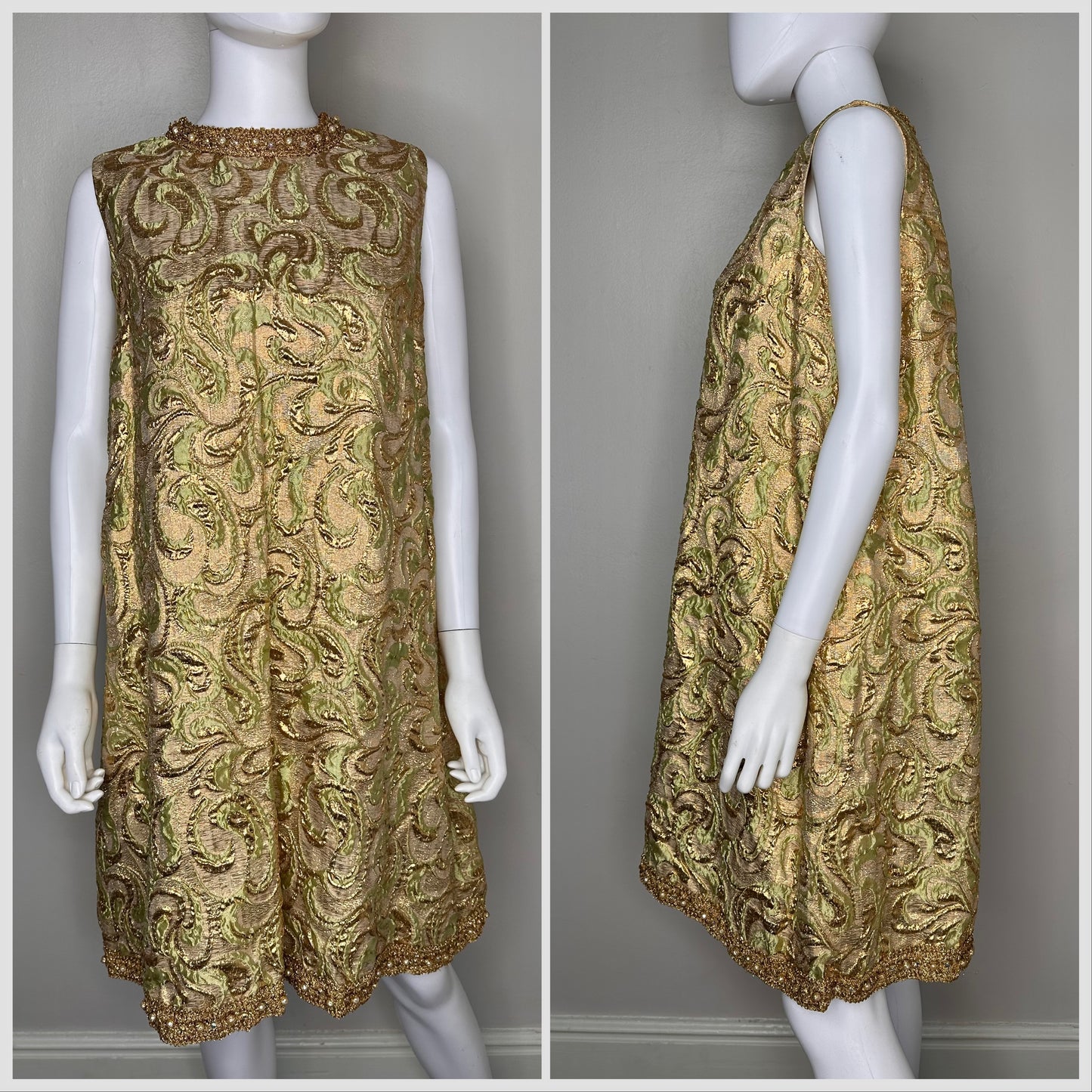 1960s Gold Brocade A Line Cocktail Dress, Handmade Size Medium