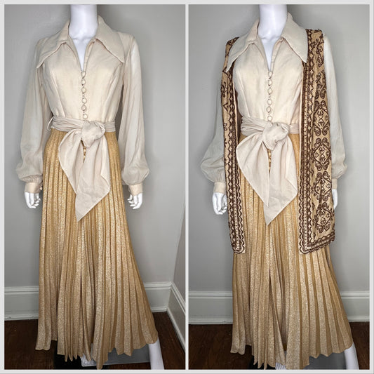 1960s Jumpsuit with Glitter Embellished Vest, Sheer Blouse Top and Pleated Gold Lurex Palazzo Pants Bottom, Size Medium