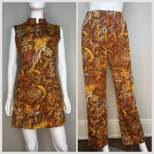 1960s Brown Paisley Cotton Barkcloth Mini Dress and Pants Set, Handmade Size Medium