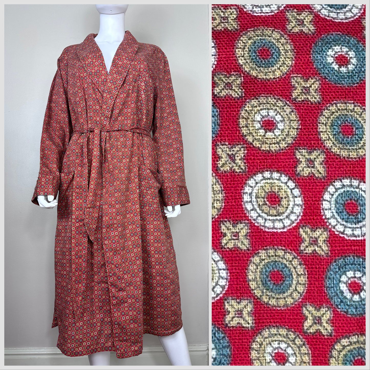 1960s Men’s Red Medallion Print Robe, Fruit of the Loom Size Large