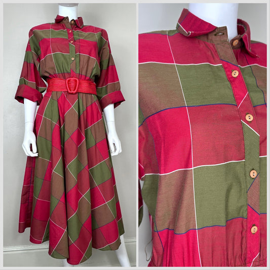 1980s Red and Green Plaid Dress, the American Shirt Dress Size Large