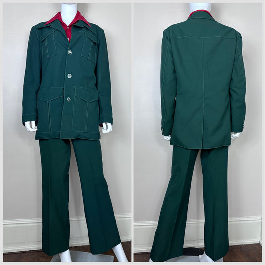 1970s Dark Green Leisure Suit, Oxford University Clothes,  I. Rosen’s, Size 38/40 Jacket, Size Small Pants