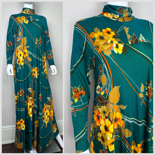 1970s Green Floral Maxi Dress, Stella Fagin by Gida Size Large