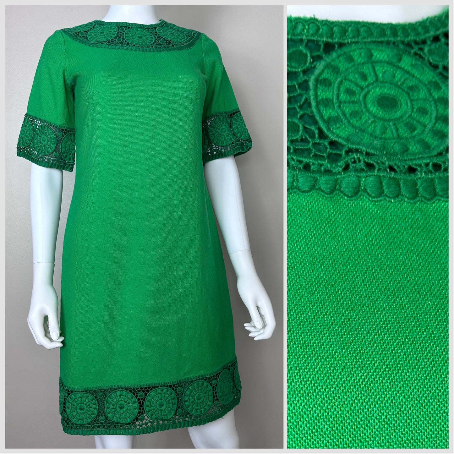 1960s Green Dress with Lace Trim, Alarcon's Dress Shop Size Small