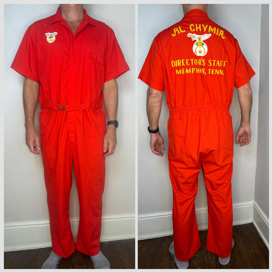 1970s Red Short Sleeve Coveralls, Al Chymia Directors Staff Memphis Tenn Chainstitch Embroidery, Topp Master Size Large Tall, Boiler Suit, Leisure