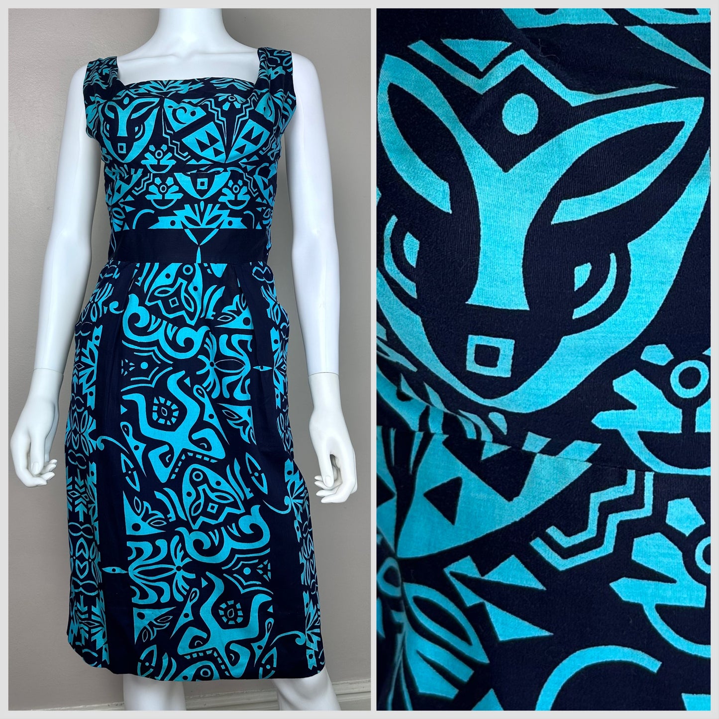 1950s Hawaiian Wiggle Dress, Alfred Shaheen Size XXS, Polynesian Tiki Print