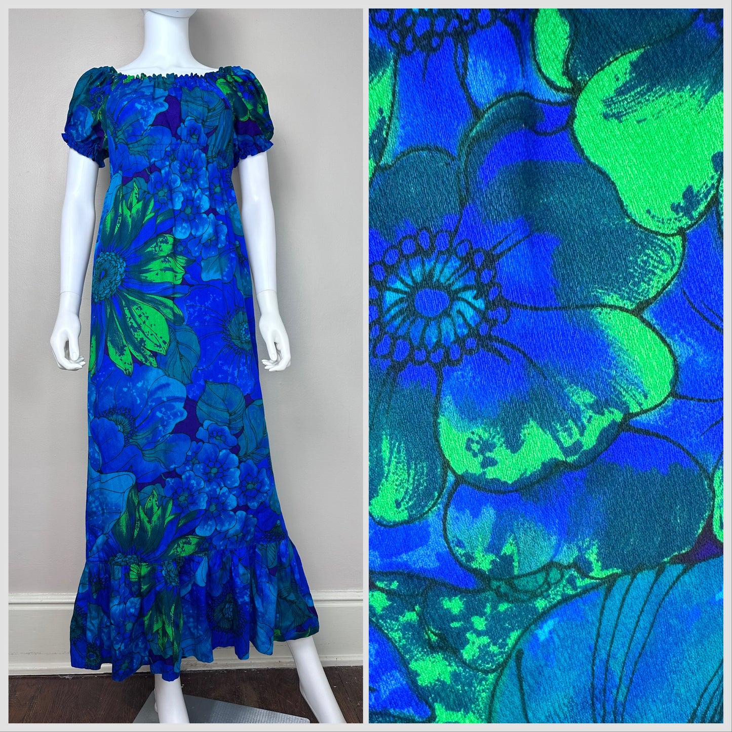 1960s/70s Blue Floral Hawaiian Barkcloth Maxi Dress, Peasant Top Neckline, Size XXS/XS