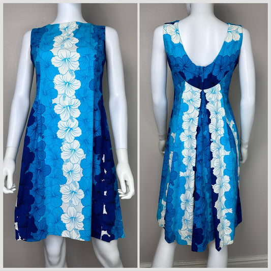 1960s Blue Floral Hawaiian Dress, Skirts n Blouses Specialty Shop Honolulu, Cotton Barkcloth