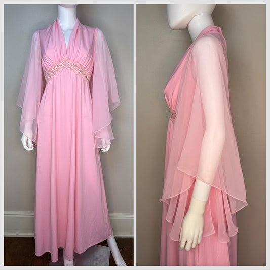1970s Pink Maxi Dress, Sheer Angel Wing Sleeves, Jill Robbins Size S/M