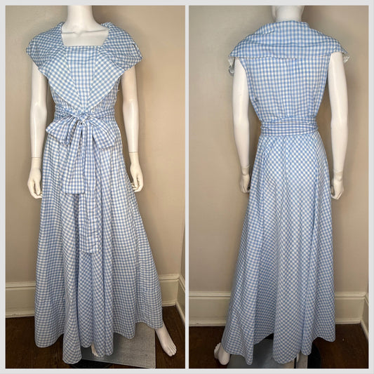 1970s Blue Gingham Maxi Dress, Handmade Size Small/Medium