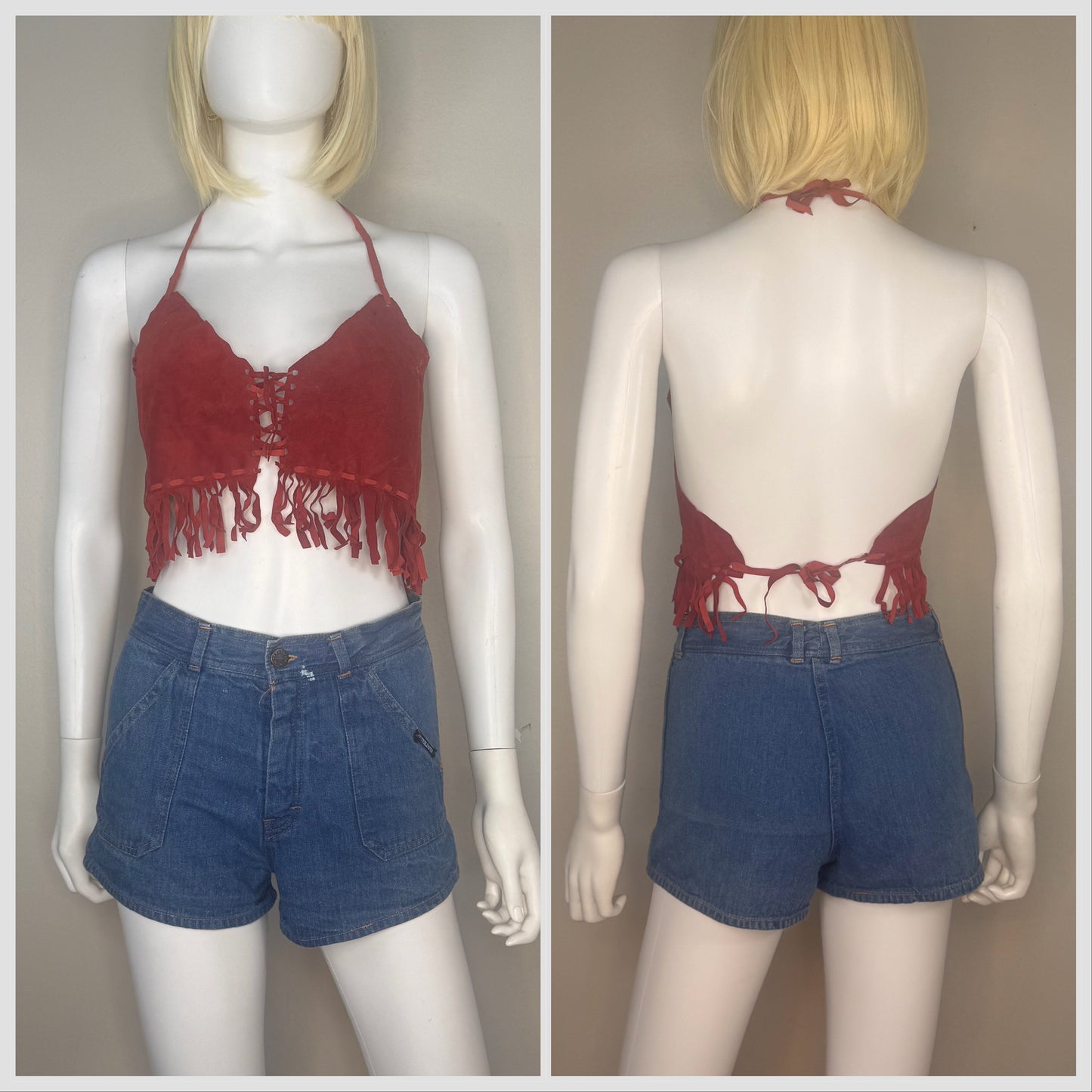 1970s Red Leather Halter Top with Fringe, Cropped, Lace Up Corset Bust, Open Back, Size XS/S