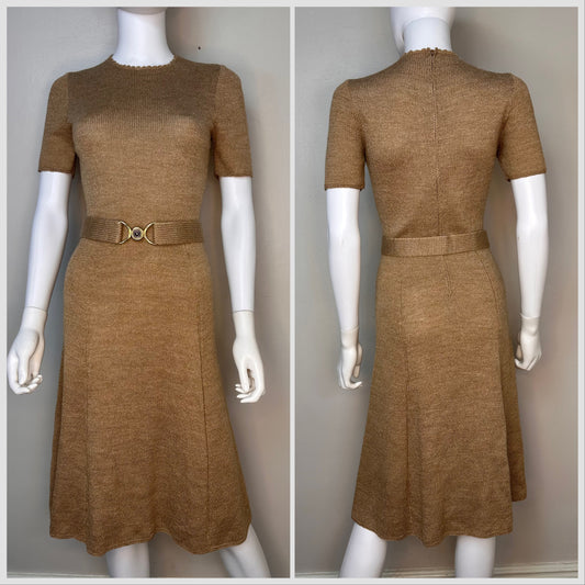 1960s/70s Tan Knit Dress and Belt, Handmade Size XS