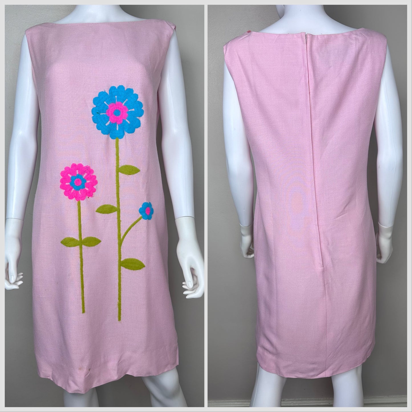 1960s Pink Shift Dress with Neon Floral Embroidery, Mister Robert Size S/M