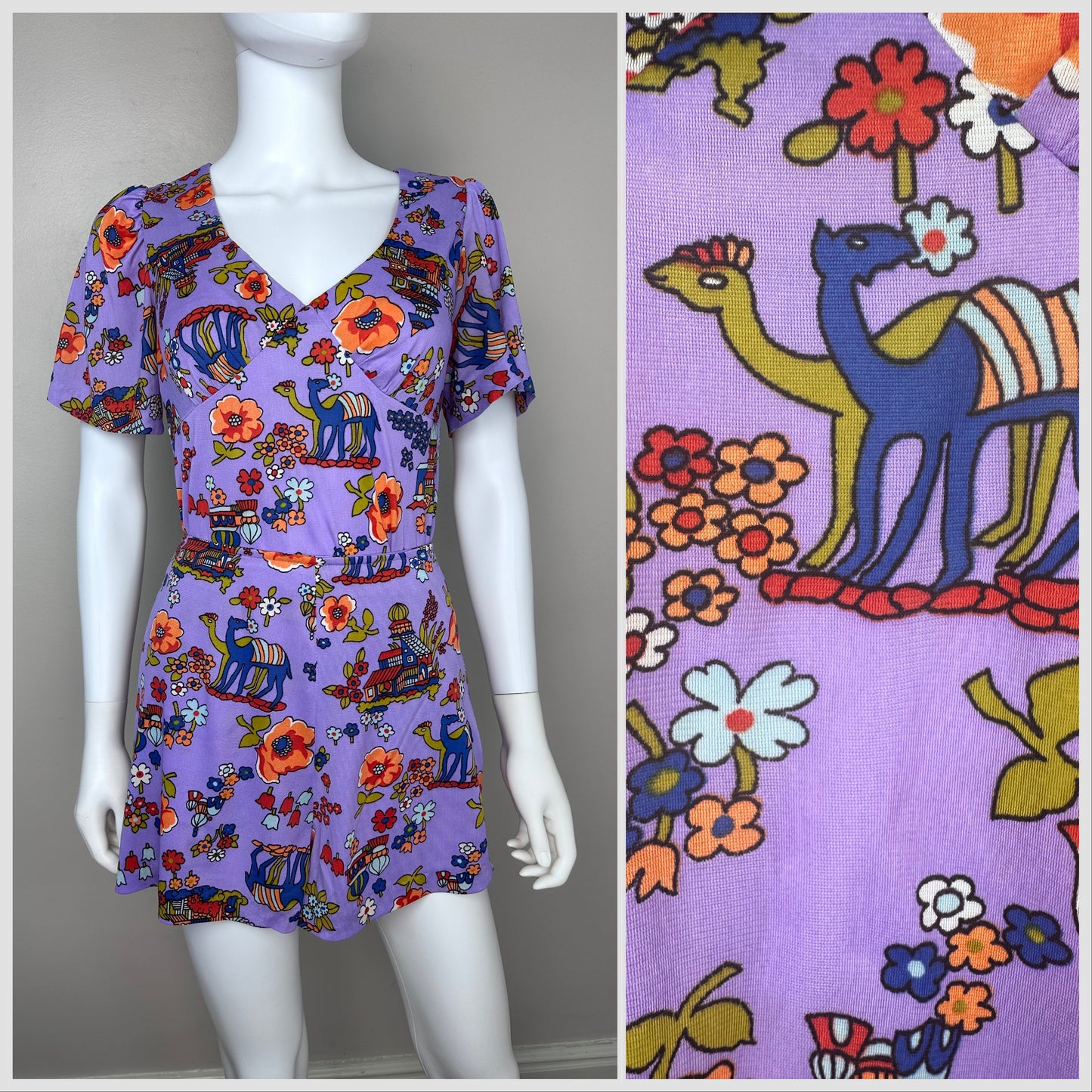 1970s Psychedelic Purple Camel Print Set, Tunic and Shorts, Corky Craig California Size Small, Middle East