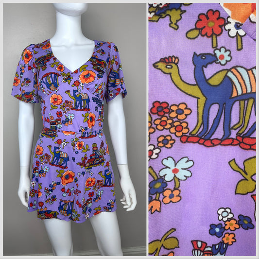 1970s Psychedelic Purple Camel Print Set, Tunic and Shorts, Corky Craig California Size Small, Middle East