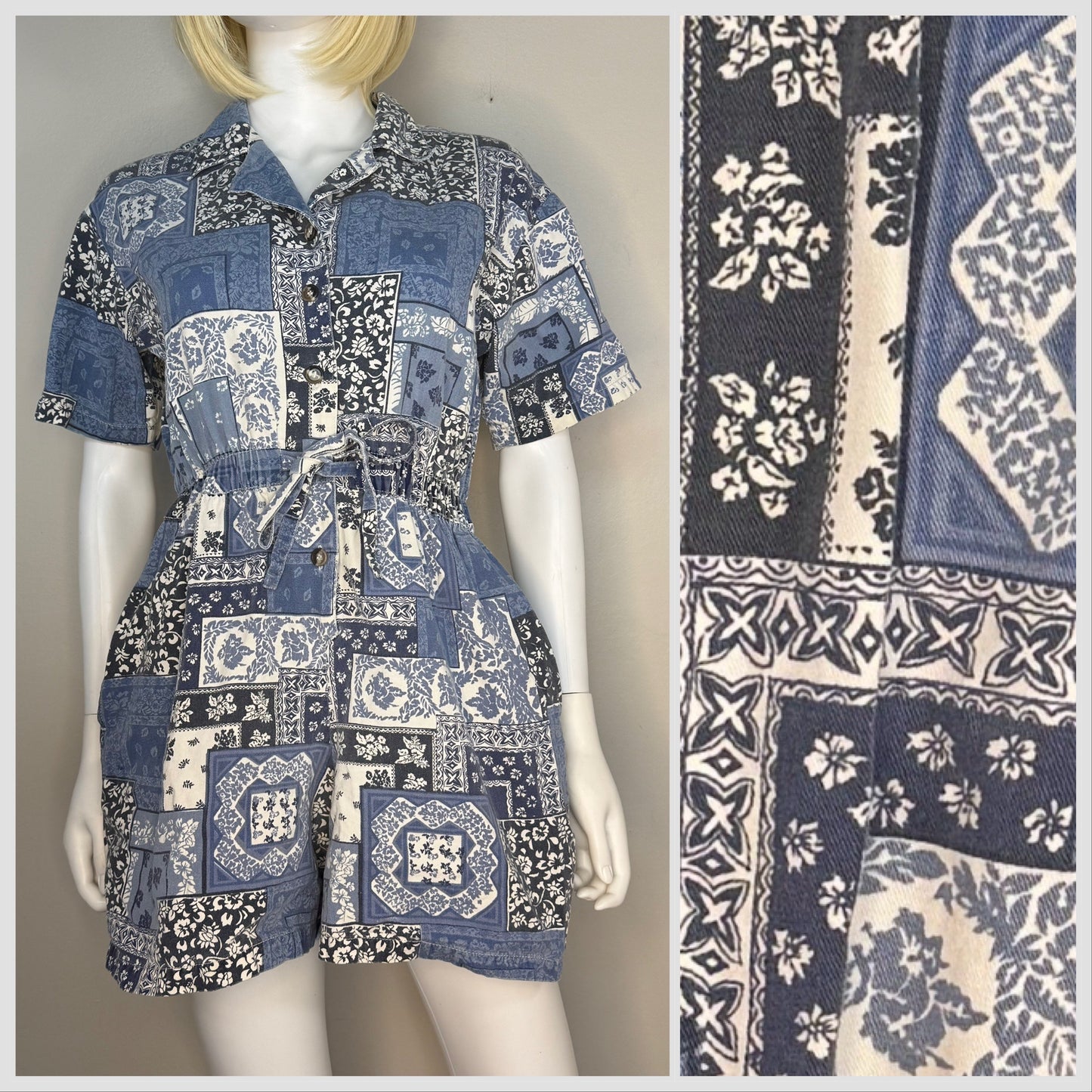 1990s Bandana Patchwork Print Denim Romper, Studiowear Petite size Medium