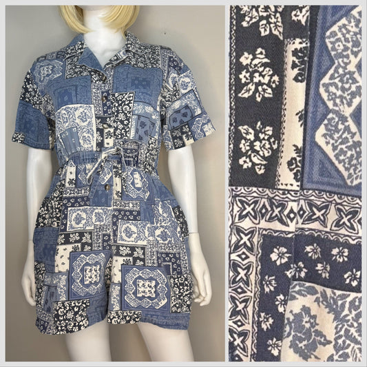 1990s Bandana Patchwork Print Denim Romper, Studiowear Petite size Medium