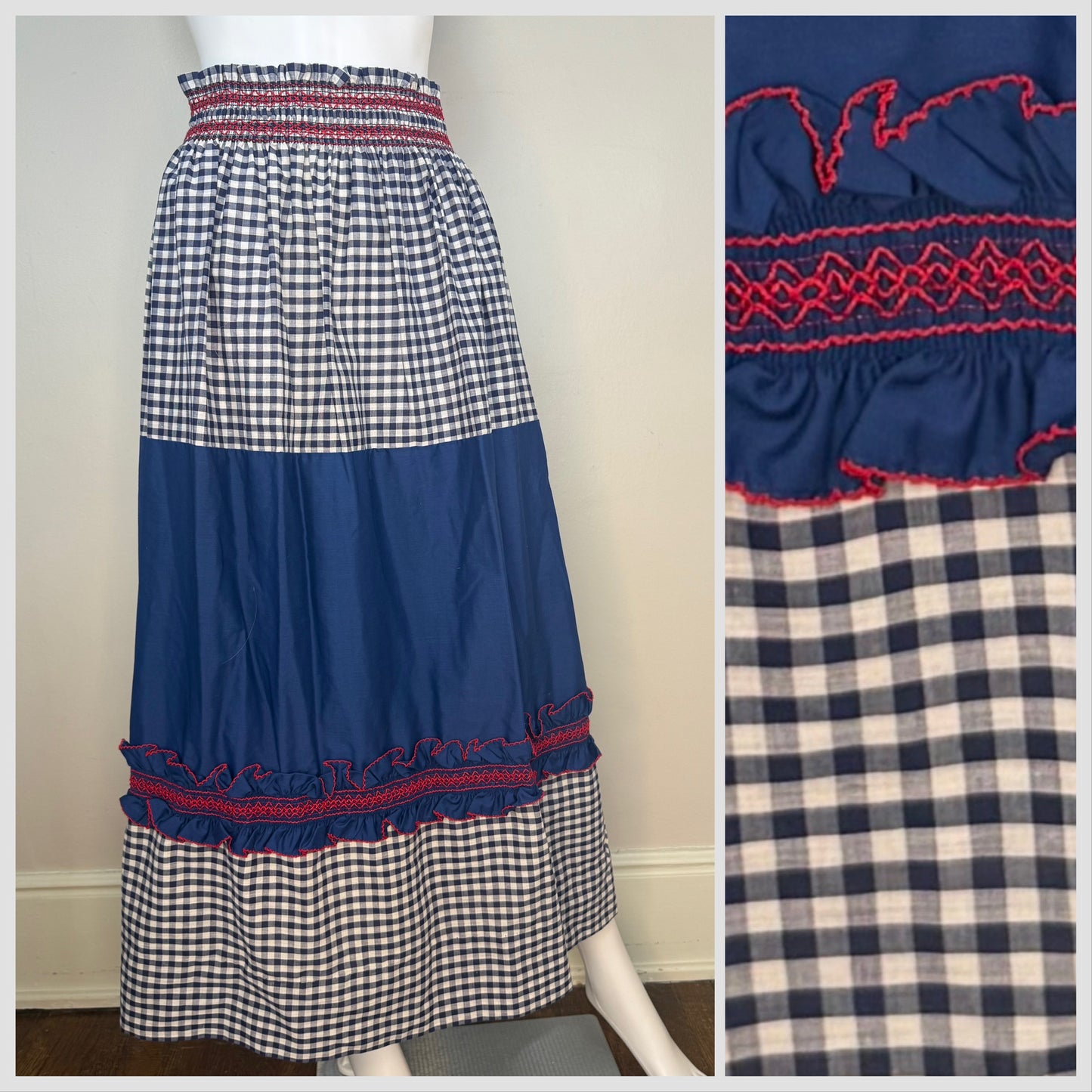 1970s Navy Blue Gingham Tiered Maxi Skirt, Handmade Size XS/Small