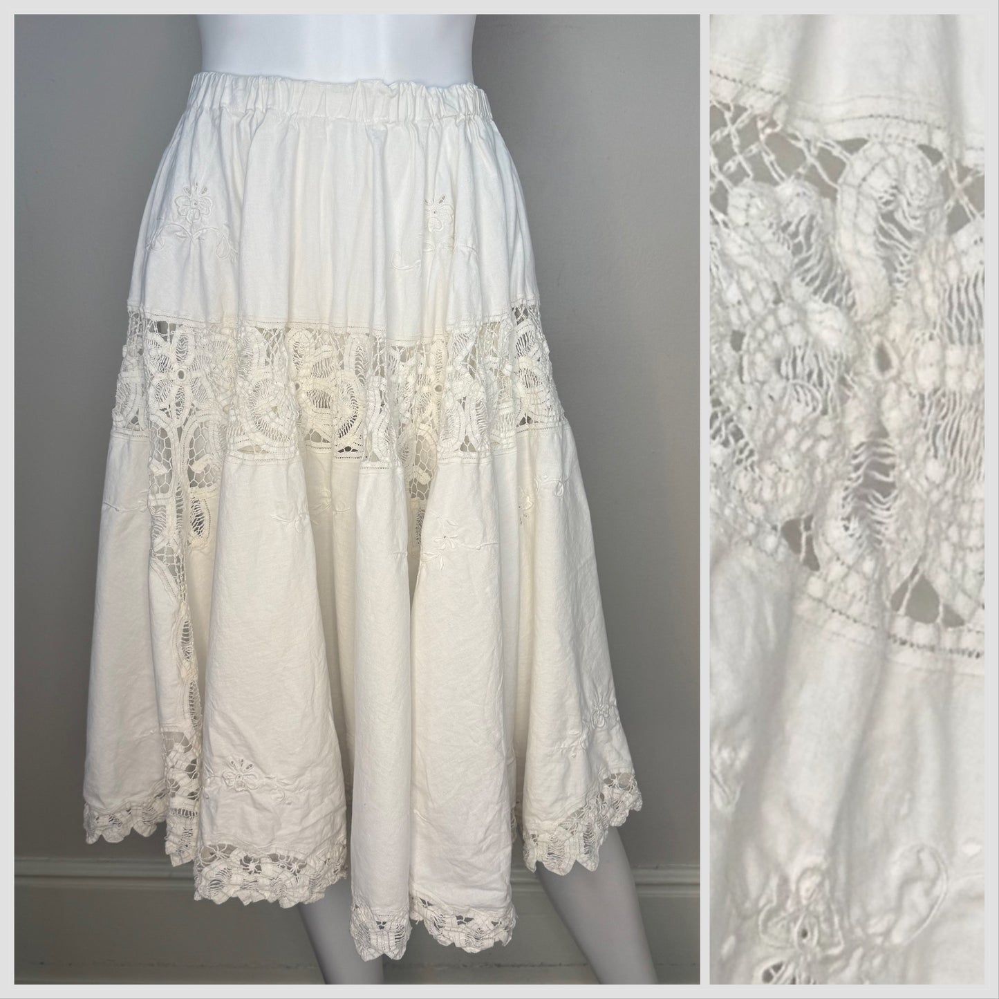 1980s Upcycled Tablecloth Circle Skirt, White Cotton Lace, Handmade Size XS/S