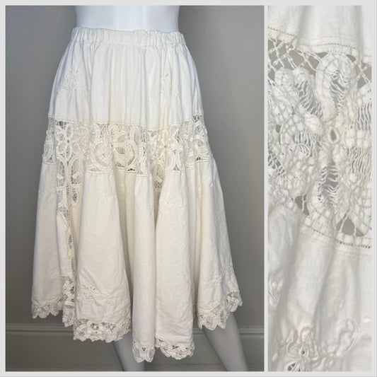 1980s Upcycled Tablecloth Circle Skirt, White Cotton Lace, Handmade Size XS/S