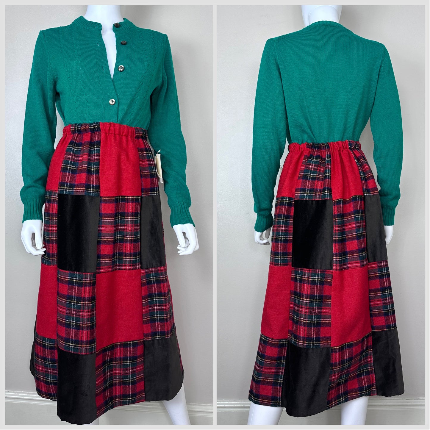 1970s Red Plaid Patchwork Midi Skirt, Young Traditions Size Small, Deadstock with Tags