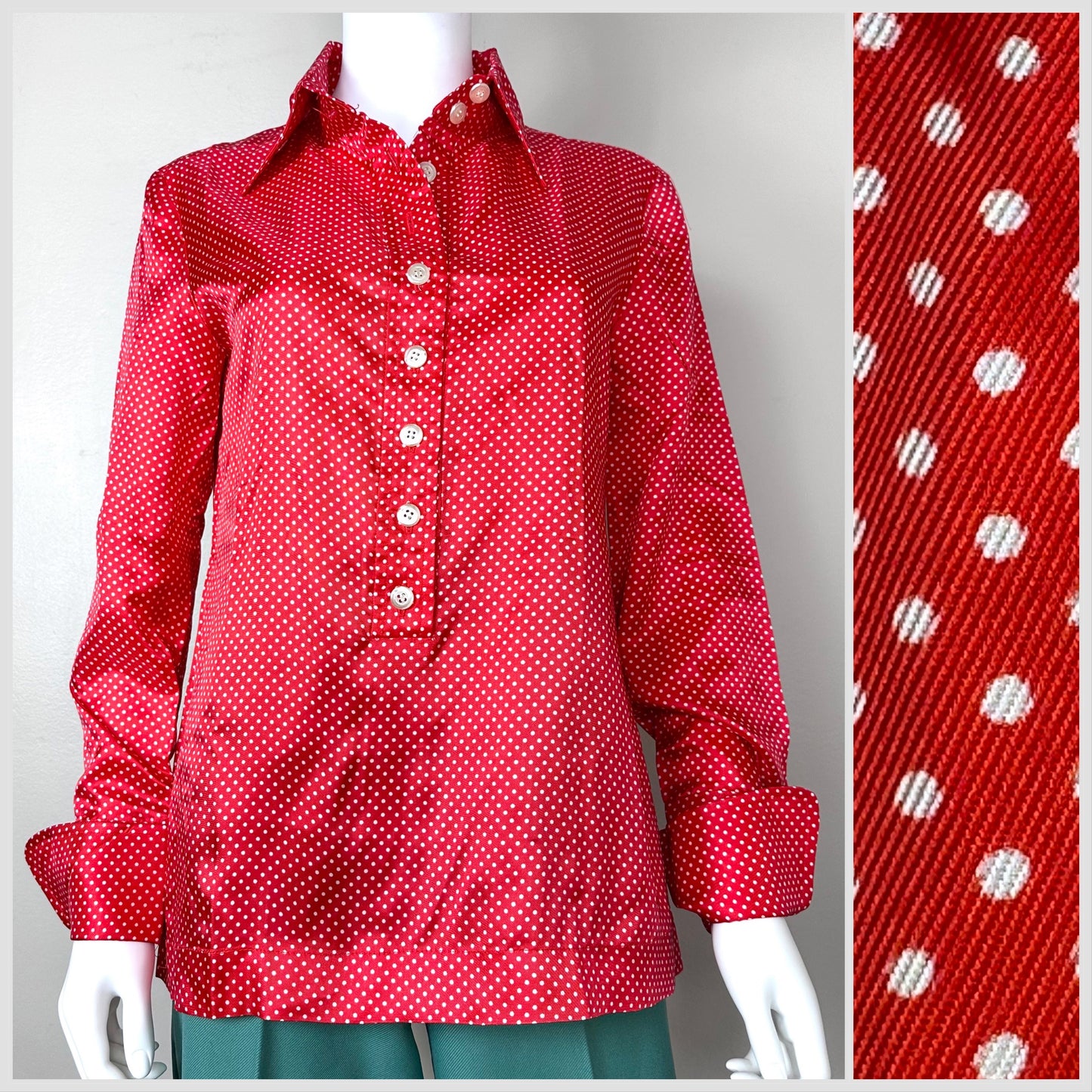 1960s Red and White Polka Dot Blouse, Size Medium, Pointed Collar, French Cuffs