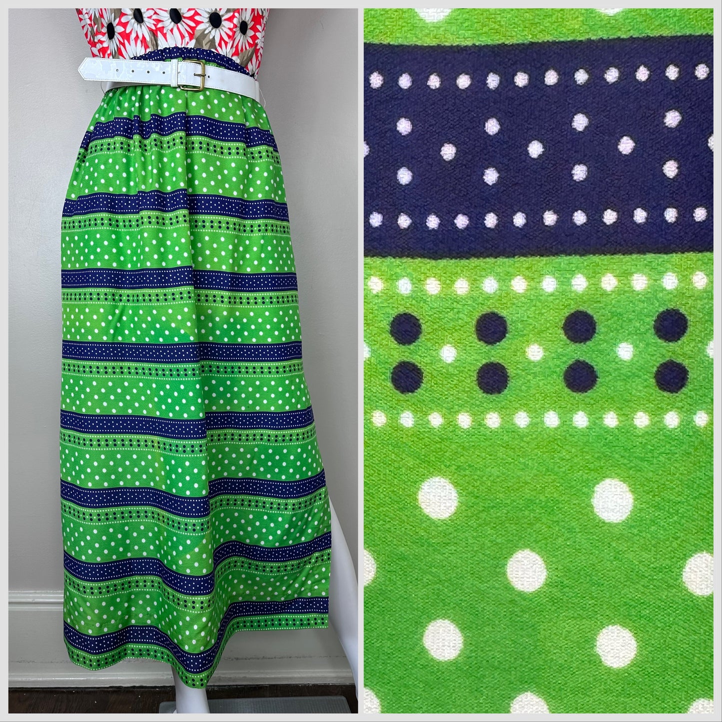 1960s/70s Green and Blue Striped Skirt with White Polka Dots, Nelly de Grab Size XS-Medium