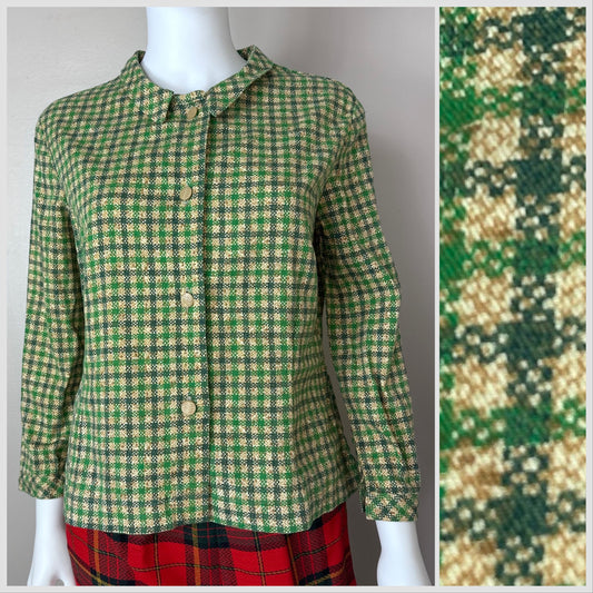 1950s/60s Green Printed Plaid Blouse, Handmade Size Medium