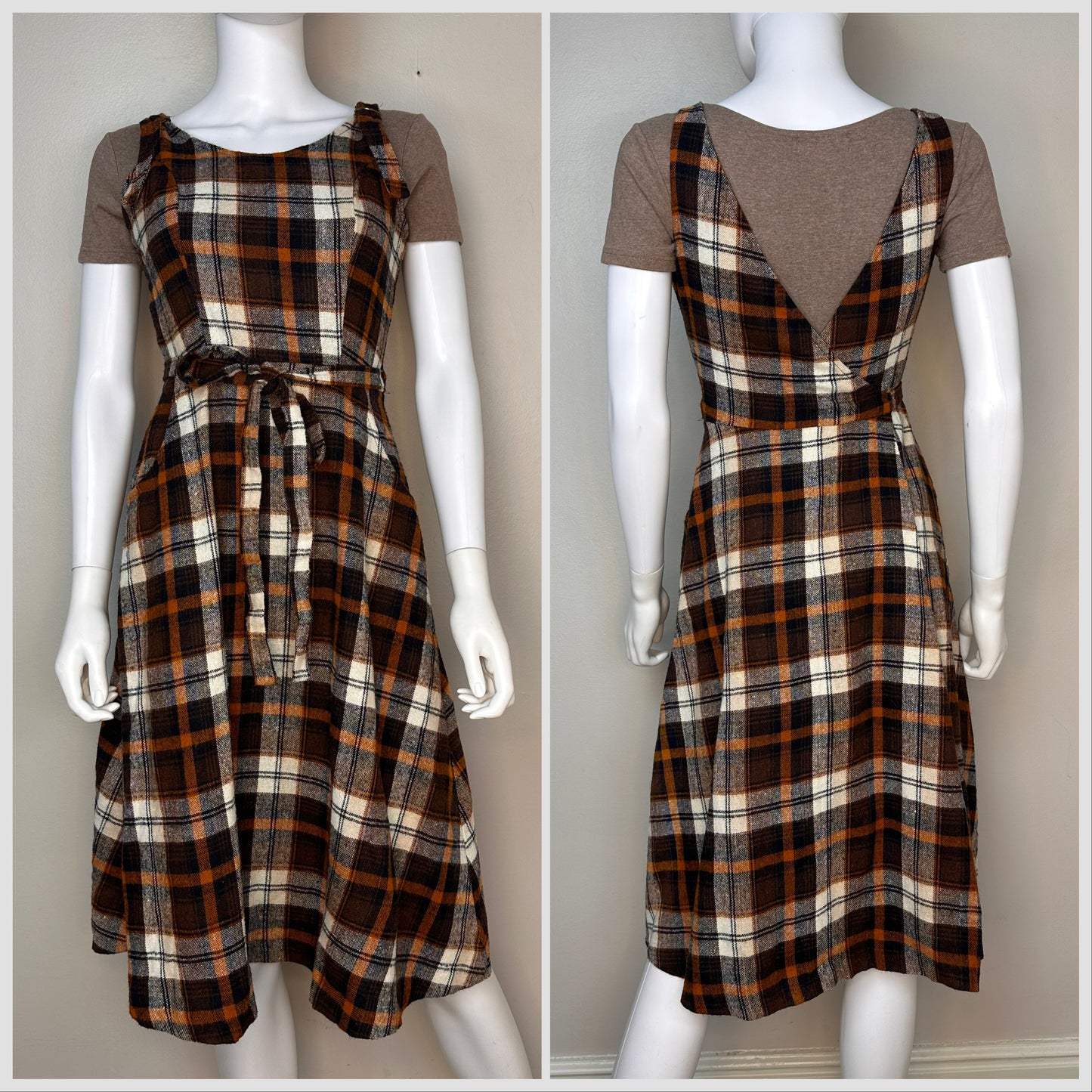 1970s Brown Plaid Sleeveless Wrap Dress, Terri Juniors California, Jumper