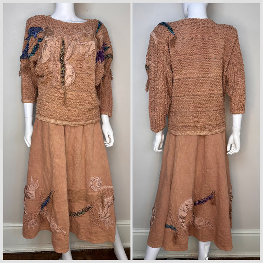 1980s Mocha Sweater and Skirt Set, Principe di Capri Size Small-Medium, 3D Appliqué, Wearable Art