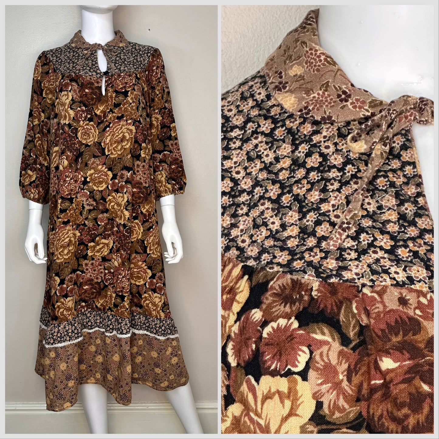 1970s/80s Mixed Brown Florals Boho Midi Dress, Size Large