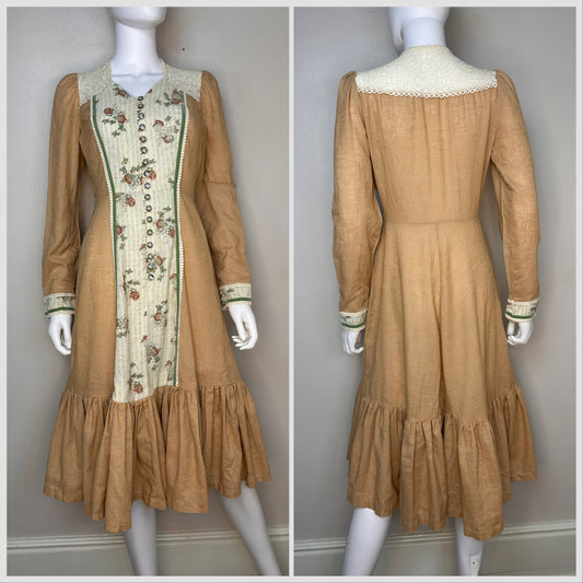 1970s Tan Floral Prairie Midi Dress, Tres Petite of Dallas Size Small, Cottagecore