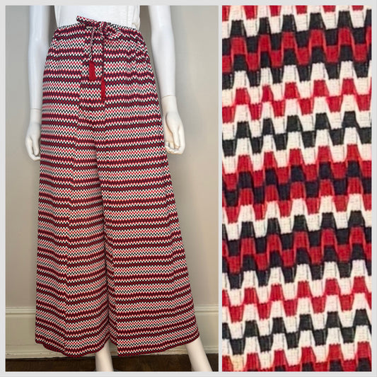 1970s Zig Zag Stripe Wrap Around Palazzo Pants, Handmade Size XS-Medium, Red White and Navy Blue